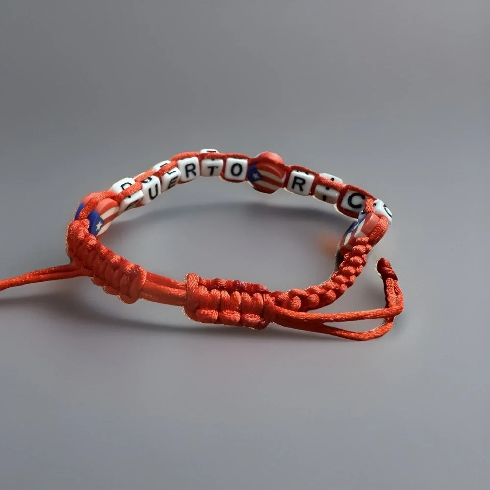 Puerto Rico Letters Unisex Macrame Bracelet Flag Beads Red Blue Black Adjustable